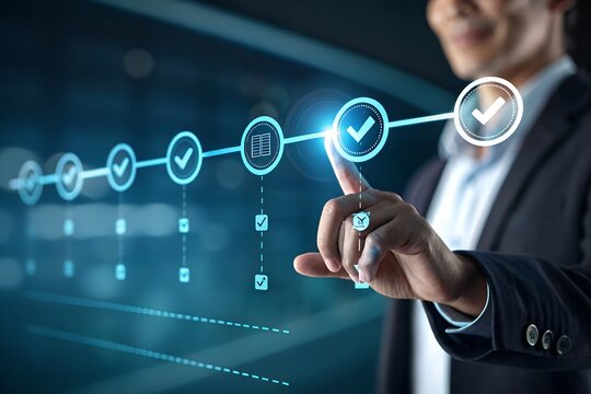 Businessman touches a digital progress checklist with check marks and an advancing loading bar, symbolizing task completion and project progress. progress bar, Management and tracking strategies - Powered by Adobe
