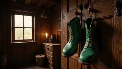 Leprechaun boots hanging on wooden door in cozy cabin with warm lighting copy space