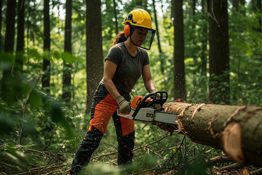 Woman Lumberjack Felling a Tree in a Forest: A Powerful Image of Nature and Industry