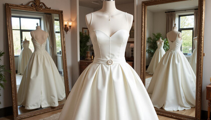 Elegant wedding dress on mannequin in bright boutique with mirrors and copy space