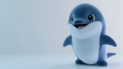 Blue Plush Dolphin Toy with a Cheerful Expression Standing on a White Surface in Soft Lighting with AI Anomaly