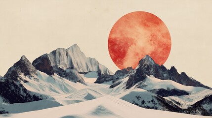Snowy mountain landscape with a large red sun in a modern geometric art style.