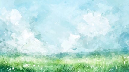 A vibrant landscape of gentle hills covered in green grass stretches under a bright blue sky filled with soft, fluffy clouds. The scene captures the peacefulness of nature