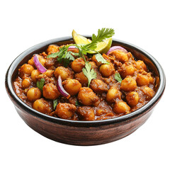Chana Masala in a bowl, spicy chickpeas curry, isolated on white background.