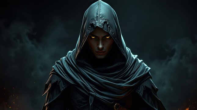 A cloaked figure stands enigmatic under dim light with distinct glowing eyes surrounded by a mystical aura evoking feelings of intrigue and suspense