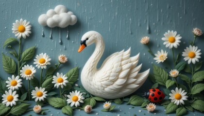 Obraz premium Elegant White Swan Amidst Daisies in Gentle Rain Artistic Papercraft
