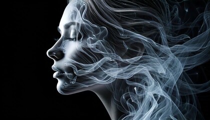 Dark, moody background with wisps of ethereal smoke forming the silhouette of a human face