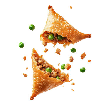 Floating crispy chicken samosa with peas and crumbly chicken inside, isolated on white background.