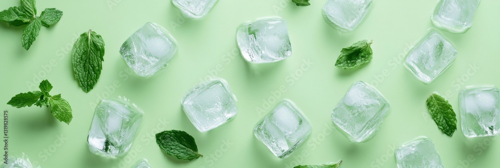 Aufkleber refreshing scene with ice cubes and mint leaves on a light green background arranged artistically in