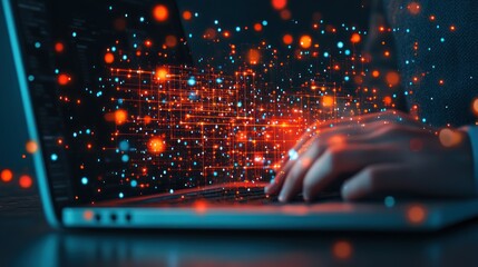 Digital Data Stream: A Person Interacting with a Virtual Data Network on a Laptop