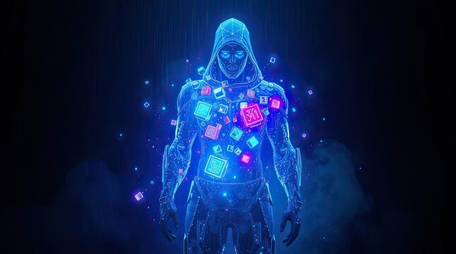 A hooded figure stands in darkness surrounded by glowing blue and pink symbols creating a vibrant digital atmosphere