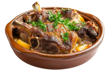 Albanian tavë kosi baked lamb with yogurt isolated on transparent white background