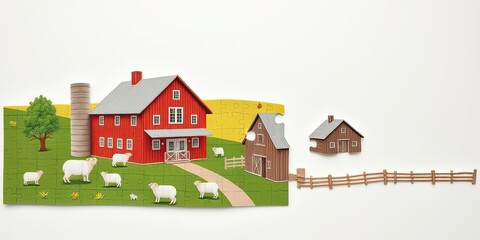 Naklejka premium Farm Puzzle Red Barn Sheep Wooden Fence Buildings Countryside