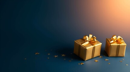 Golden Gift Boxes with Shiny Bows on Dark Blue Background – Elegant Holiday and Celebration Concept