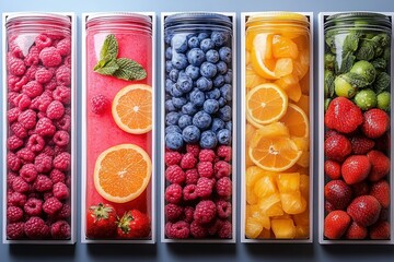 Colorful arrangement of fresh fruits in transparent containers for promotion