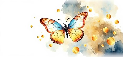 Vibrant Butterfly Watercolor Painting Gold Drops Nature Art