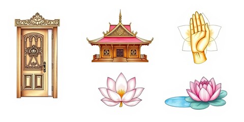 Ornate Door Temple Lotus Flowers Praying Hands Asian Culture Illustrations
