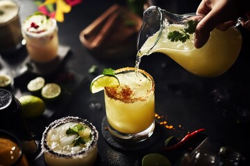 Refreshing lime margaritas with salt and chili rim in inviting evening setting