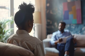 A Black woman therapist sitting on a couch taking notes with a patient, emphasizing therapy