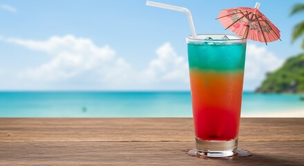 Obraz premium Vibrant Summer Cocktail with Umbrella in Beach Setting