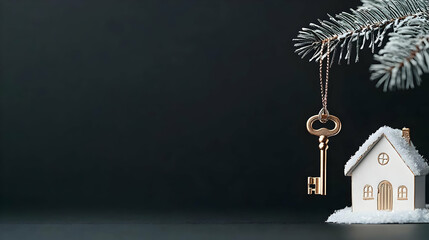 Golden Key Hanging From Snowy Pine Branch Next To Miniature White House With Snow Covered Roof Against Dark Background