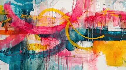 Fototapeta premium An abstract expressionist artwork displays an energetic mix of pink, blue, and yellow hues, showcasing bold brushstrokes and dripping paint in an art gallery