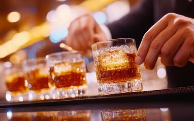 Bartender skillfully preparing drinks at a stylish bar with soft lighting and vibrant atmosphere