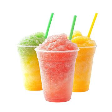 Colorful various slushies in a take away cup, isolated on white background.