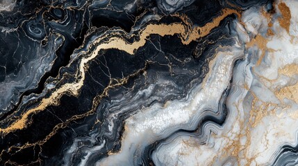 Obraz premium Swirling patterns of black, white, and gray create a striking marble texture, highlighted by elegant gold accents that enhance its luxurious appearance