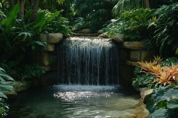 Tranquil Waterfall Surrounded by Lush Greenery in a Tropical Oasis