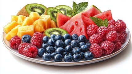 Obraz premium Plate of Fresh Assorted Fruits Featuring Watermelon Kiwi Raspberries Blueberries and Pineapple on