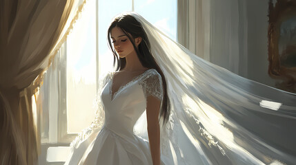 A serene bride standing by a window, wearing a luxurious white gown with a flowing veil. Radiant Veil. Illustration