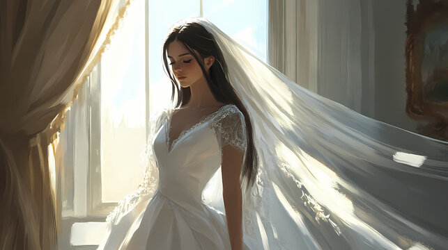 A serene bride standing by a window, wearing a luxurious white gown with a flowing veil. Radiant Veil. Illustration
