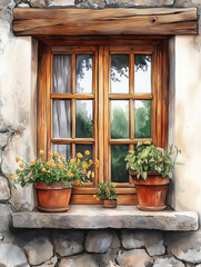 Closed window with natural wooden frame. Interior design clipart. Rustic window with light brown wooden frame. Hand-drawn watercolor illustration