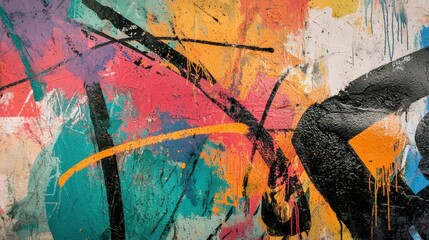 A striking street art mural features an explosion of color and abstract shapes on a weathered city wall. The vivid design draws attention, highlighting urban creativity in the sunlight