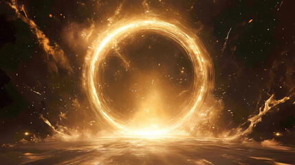 Dazzling golden light emanates from an iridescent circular portal, luminous gateway, shimmering veil, radiant portal. Radiant Veil. Illustration