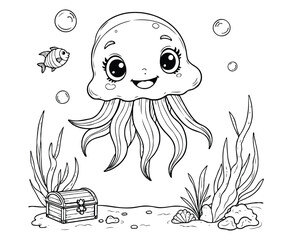 Jellyfish in Ocean with Fish Coloring Page