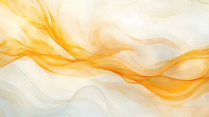 Graceful swirls of amber and golden smoke patterns flowing and curving smoothly on a simple white backdrop symbolizing a sense of warmth elegance and gentle movement. Radiant Veil. Illustration