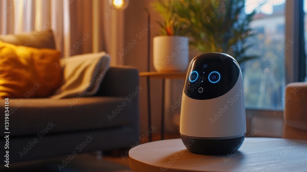 Aufkleber robot assistant engages with family members in a cozy living room setting during evening hours