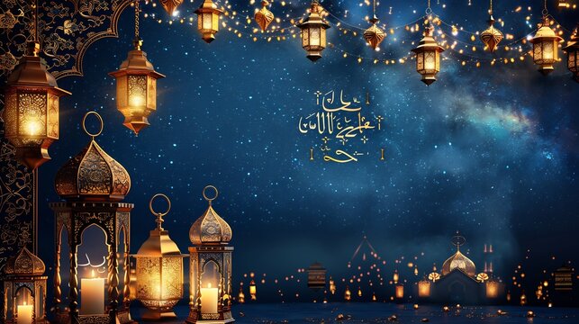 Festive Ramadan invitation poster decorated with elegant Islamic patterns golden lanterns and a calligraphic message on a deep blue starry night background