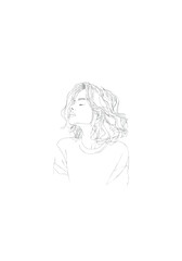 Delicate Pencil Sketch of a Young Woman with Wavy Hair and Closed Eyes in Minimalist Line Art Style