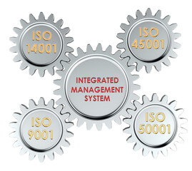 Integrated Management Systems IMS, concept from gears. 3D rendering isolated on transparent background
