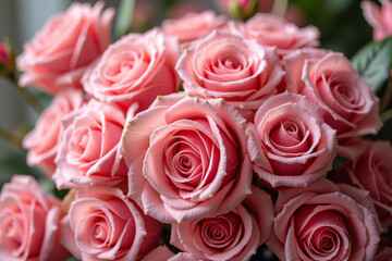Obraz premium Pink Roses with Dewdrops Glowing in Soft Light, Romantic and Elegant Floral Beauty 