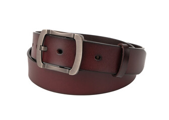 Elegant Brown Leather Men's Belt with Metal Buckle on Transparent Background