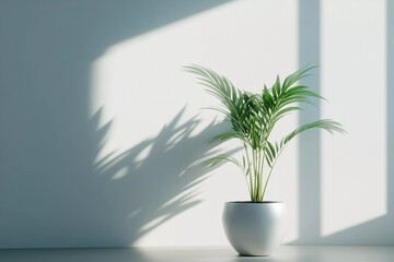 A single plant in a white ceramic pot placed in a white room