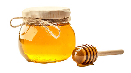 Honey jar with wooden dipper, natural sweet honey PNG