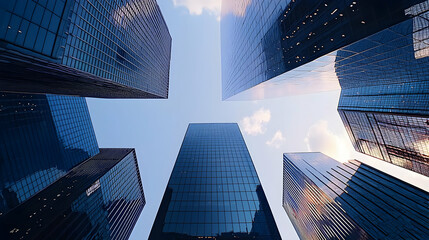 Low Angle Perspective Of Shiny Blue Skyscrapers Reaching Towards Clear Sky On A Sunny Day