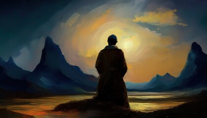 Fototapeta premium Lonely Figure Gazes at the Fiery Strokes of Twilight Illuminating the Tranquil Mountains