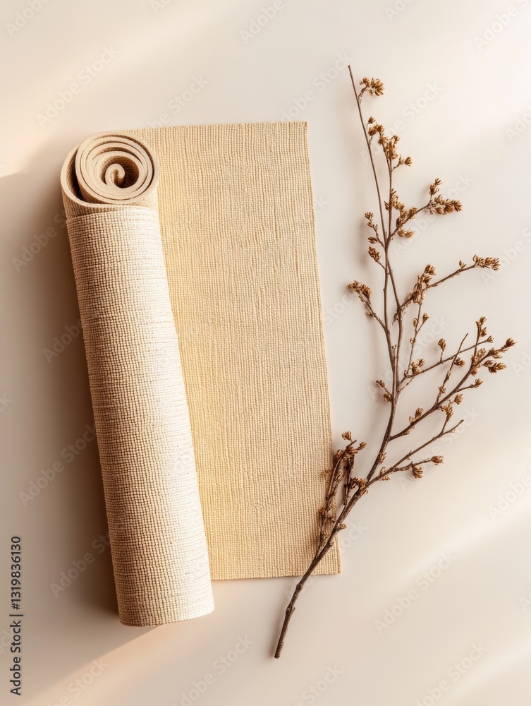 Poster Minimalistic yoga mat placed diagonally on a soft background with muted colors, creating a serene and calming atmosphere