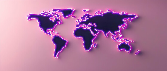 3D Rendered Illuminated World Map With Purple Neon Outline on Pink Background Visualization of Global Interconnectedness